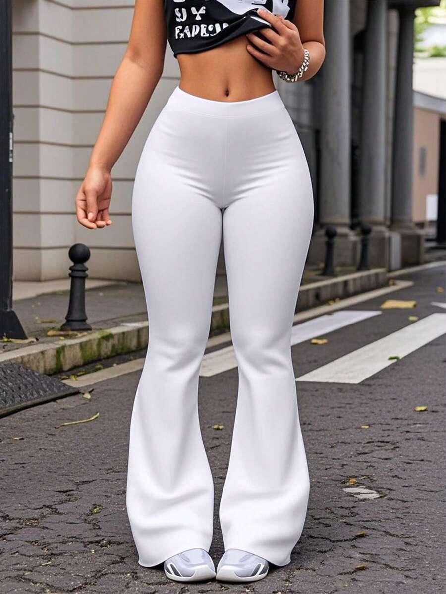 białe spodnie z gumką w pasie flare casual