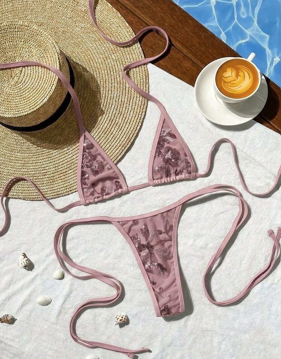 różowy komplet bikini stringi cekiny