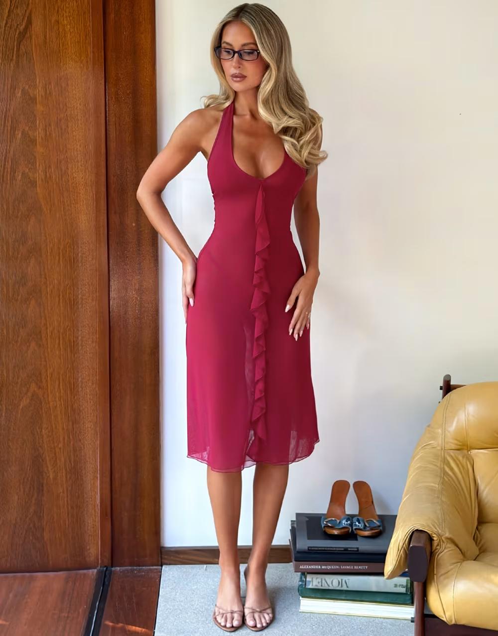 CZERWONA MIDI SUKIENKA ODKRYTE PLECY