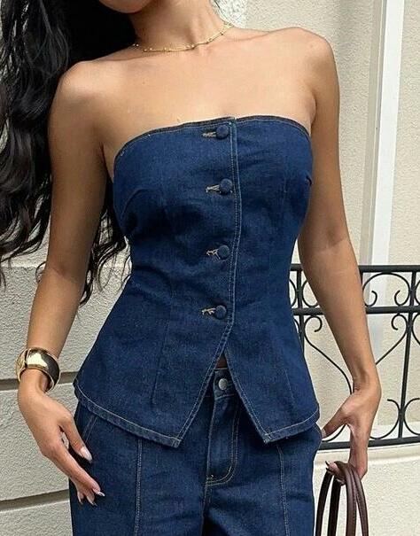 NIEBIESKI TOP JEANS GUZIKI 