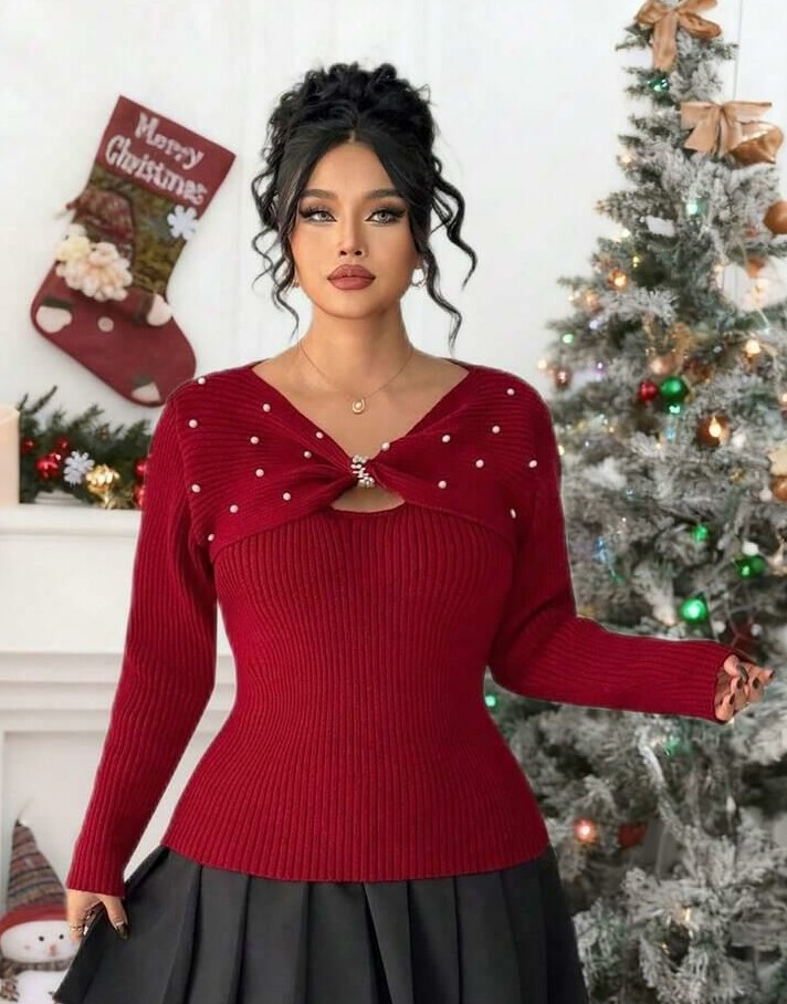 CZERWONY SWETER ZDOBIENIE 