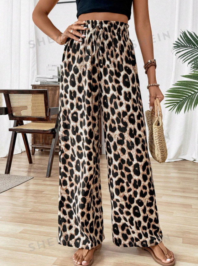 szerokie spodnie na gumce animal print casual 