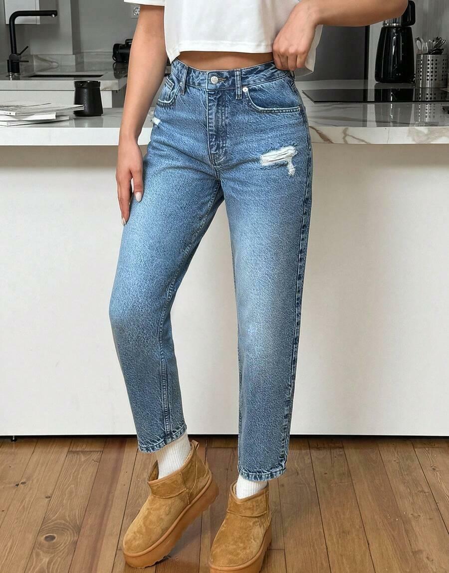  NIEBIESKIE SPODNIE MOM JEANS PRZETARCIA