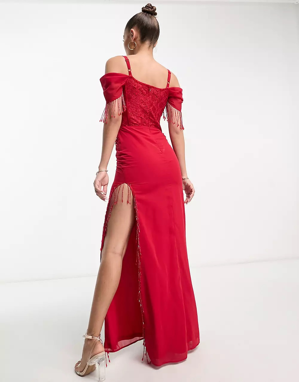 czerwona maxi sukienka ramiączka koronka cekiny