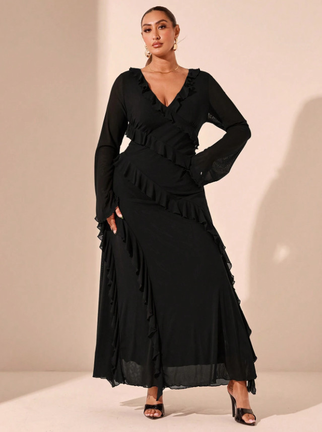 CZARNA MAXI SUKIENKA V-NECK