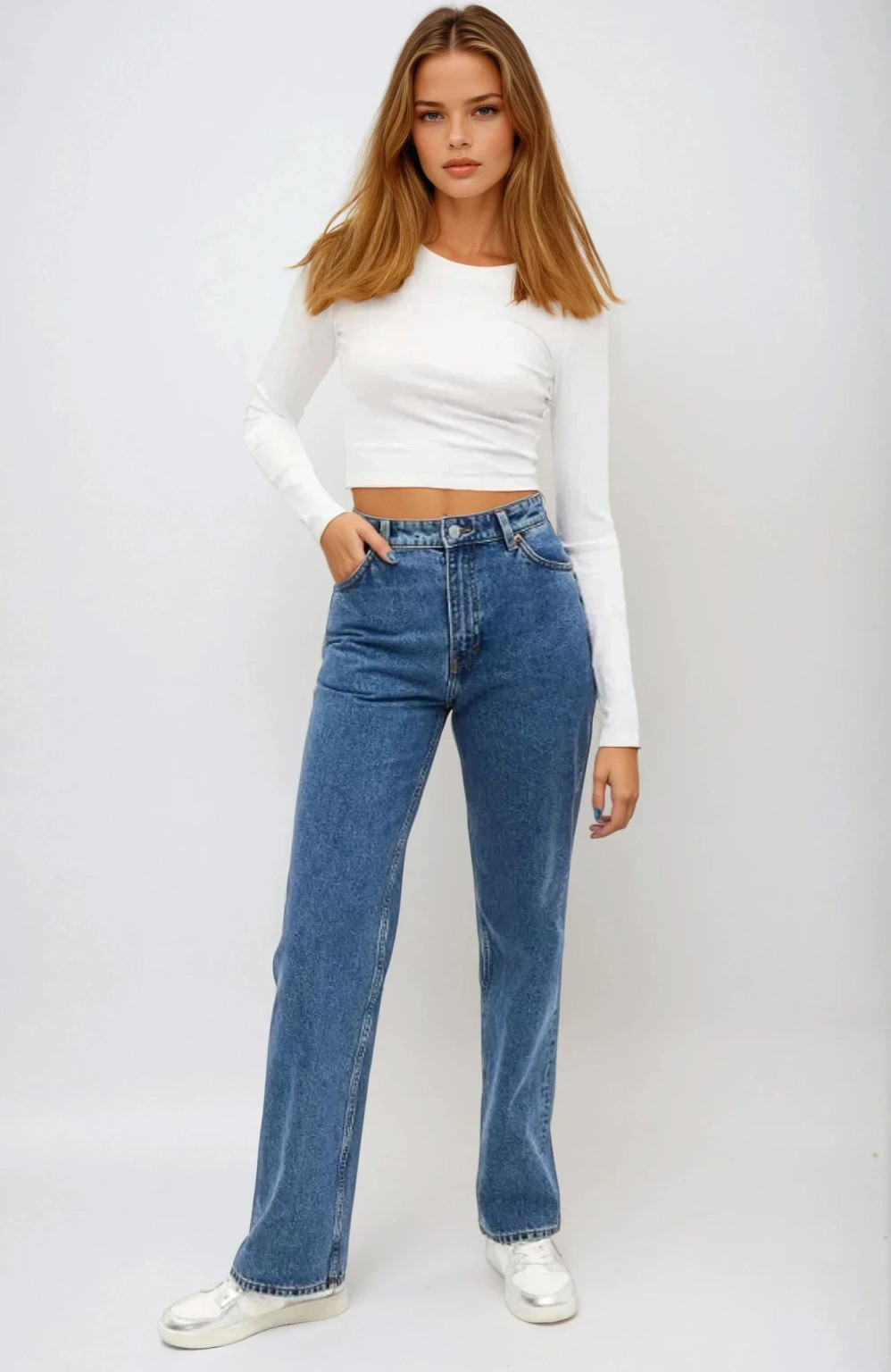 niebieskie proste spodnie jeans