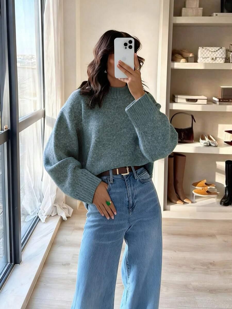 ZIELONY DZIANINOWY SWETER 