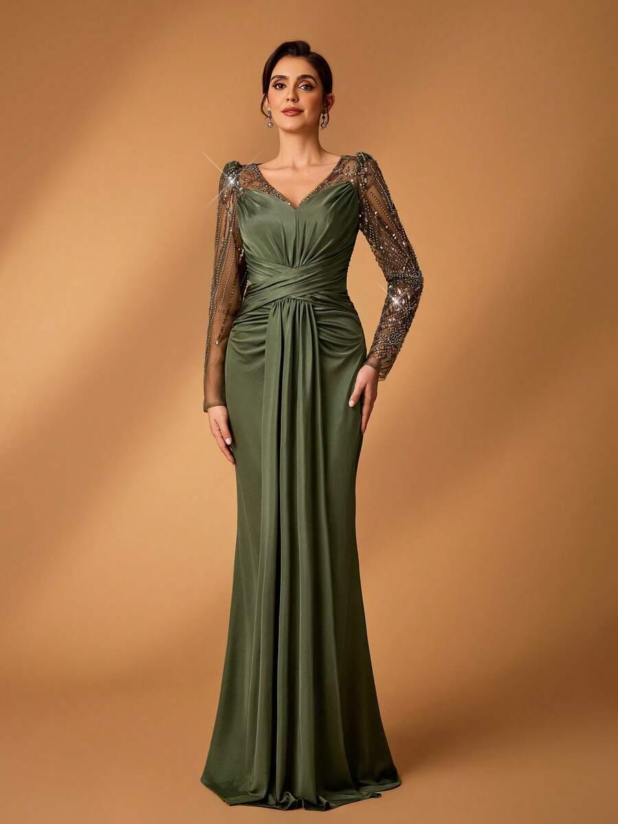 ZIELONA MAXI SUKIENKA V-NECK połysk