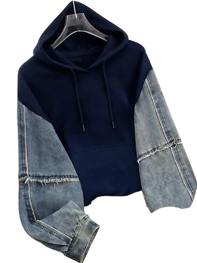 BLUZA Z KAPTUREM KONTRAST IMITACJA JEANS