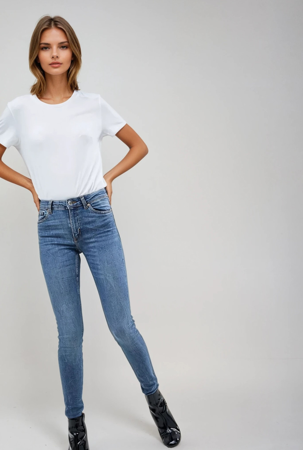 niebieskie spodnie rurki jeans