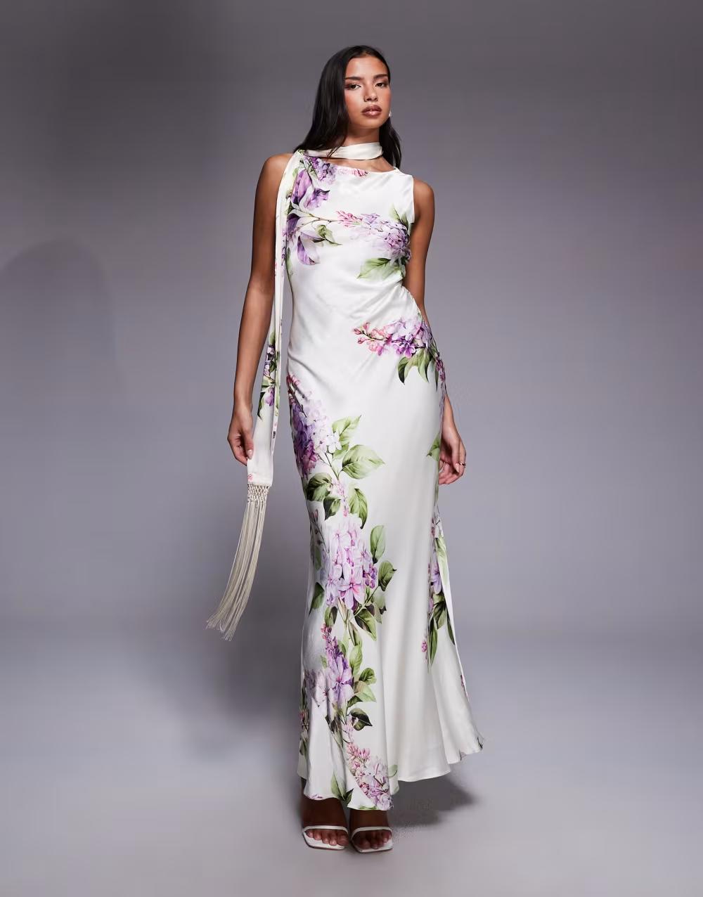 satynowa maxi sukienka w kwiaty