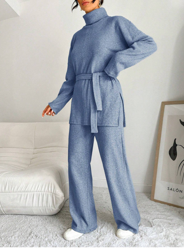 NIEBIESKI KOMPLET SWETER SPODNIE 