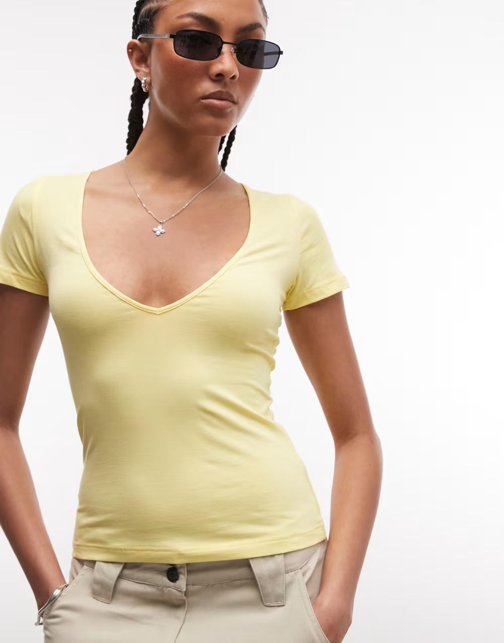 ŻÓŁTY T-shirt dekolt serek