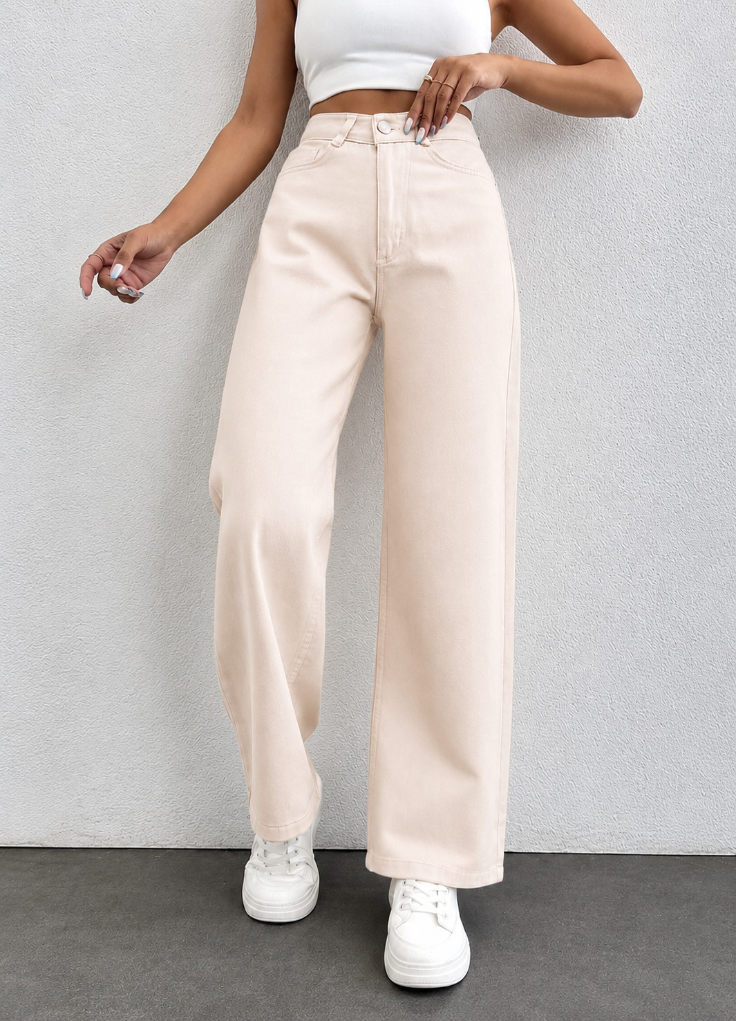 KREMOWE PROSTE SPODNIE JEANS
