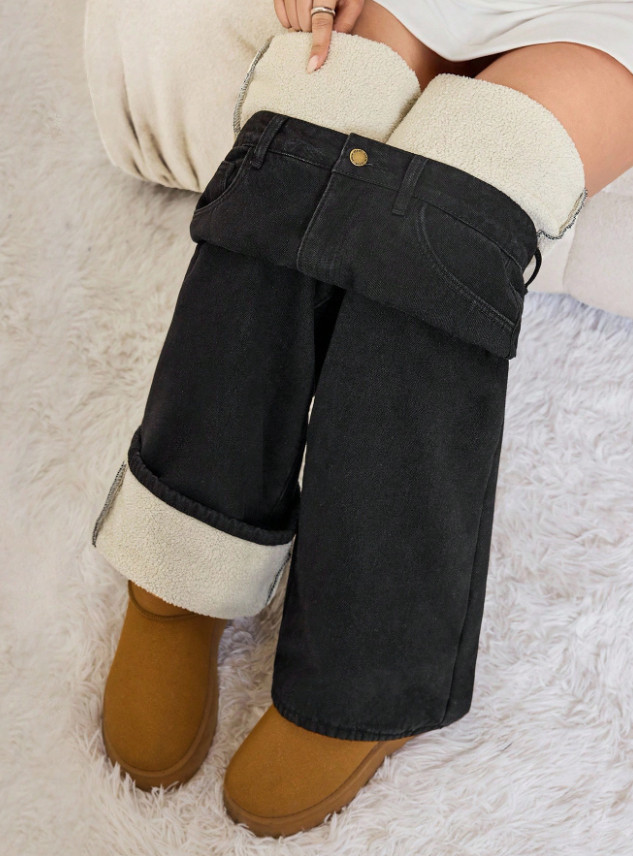 CZARNE OCIEPLANE SPODNIE JEANS