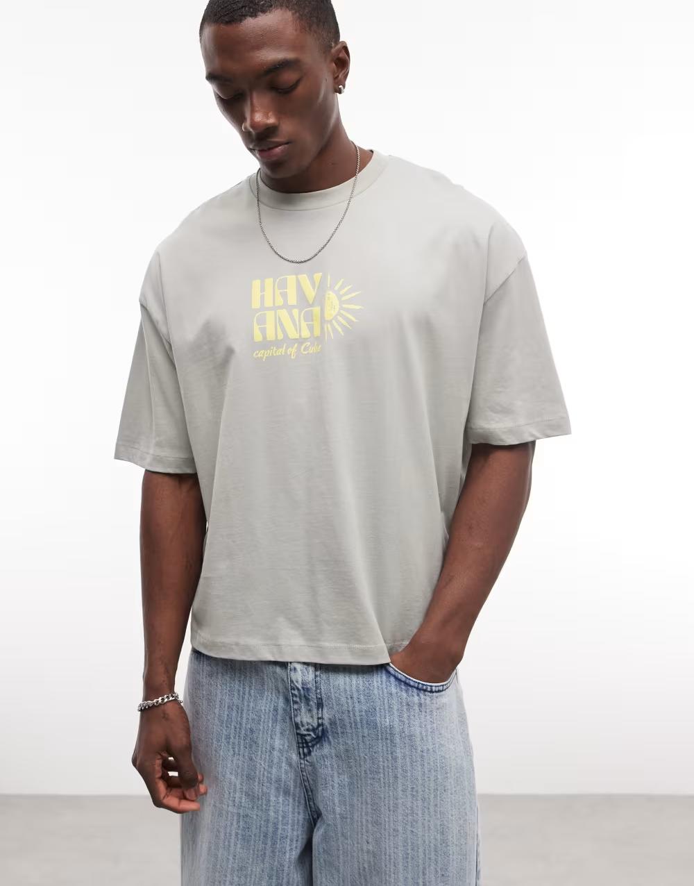 bawełniany T-SHIRT OKRĄGŁY DEKOLT NADRUK havana
