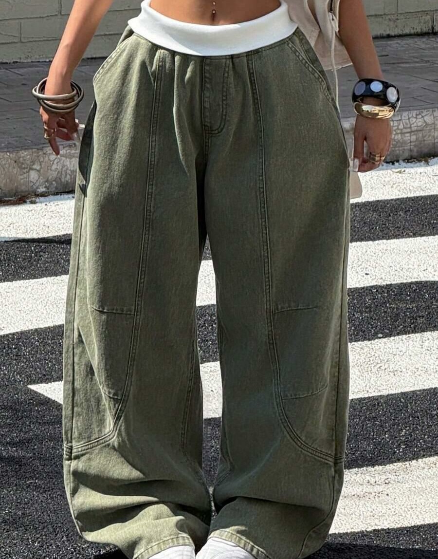 zielone spodnie jeans wide leg kontrast
