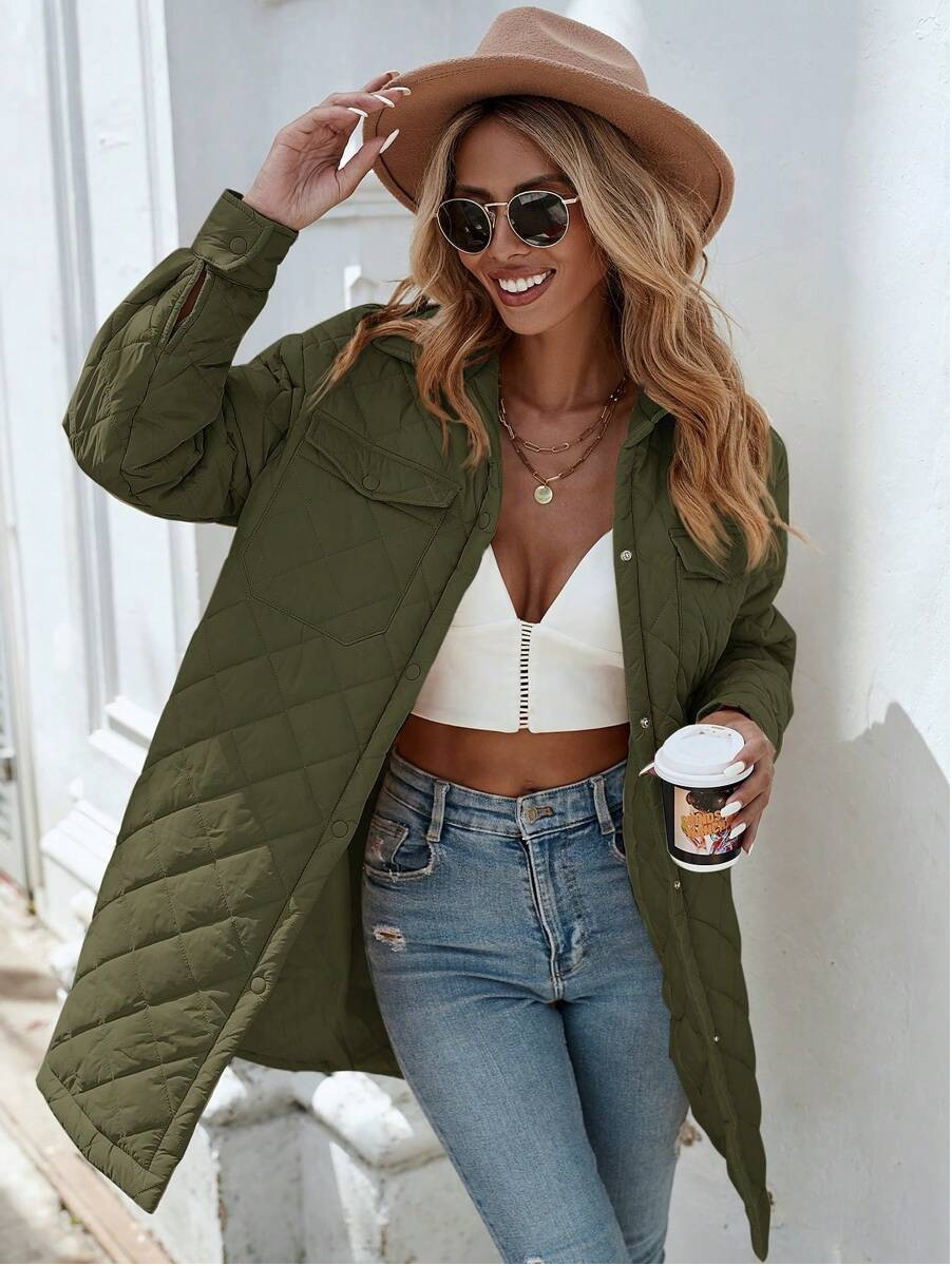 pikowana zielona kurtka koszulowa khaki oversize