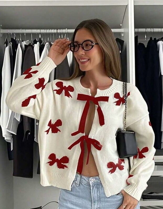 sweter długi rękaw wiązanie wzór kokardy