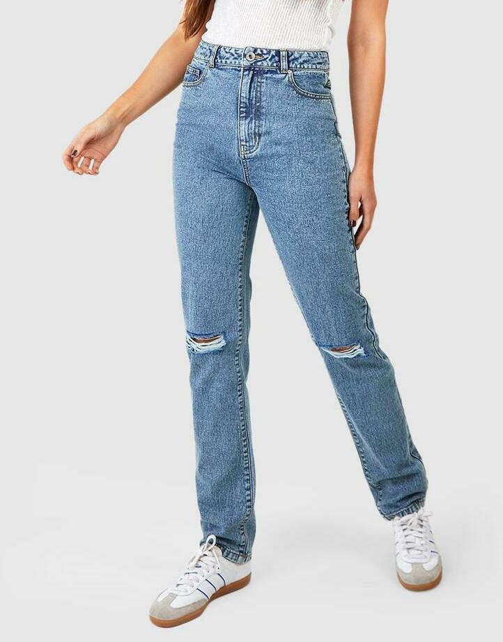 niebieskie proste jeansowe spodnie dziury wysoki stan