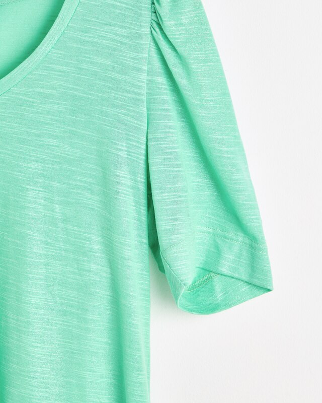 zielona bluzka v-neck bufki połysk