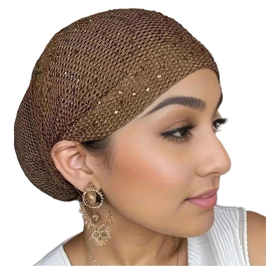 brązowy turban na głowę  połysk