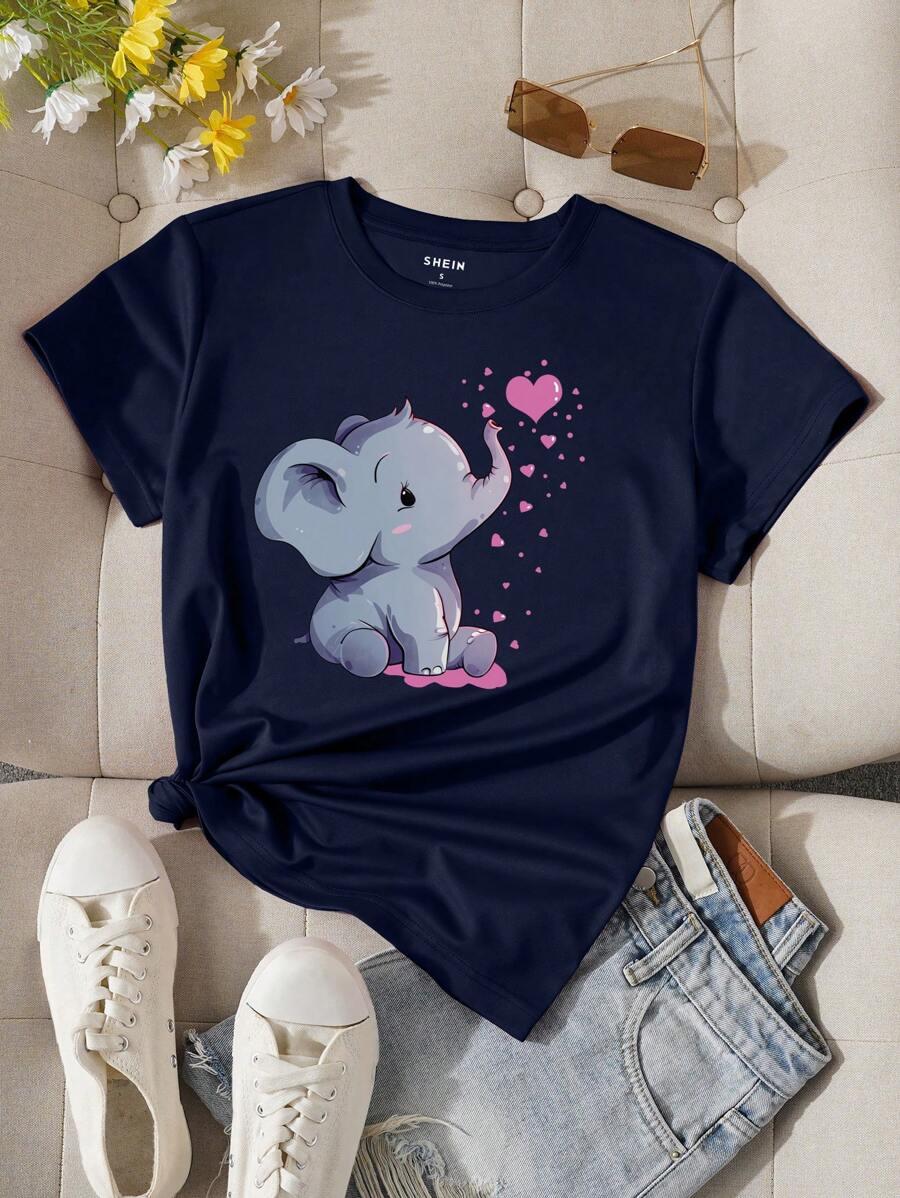 GRANATOWY T-SHIRT OKRĄGŁY DEKOLT print