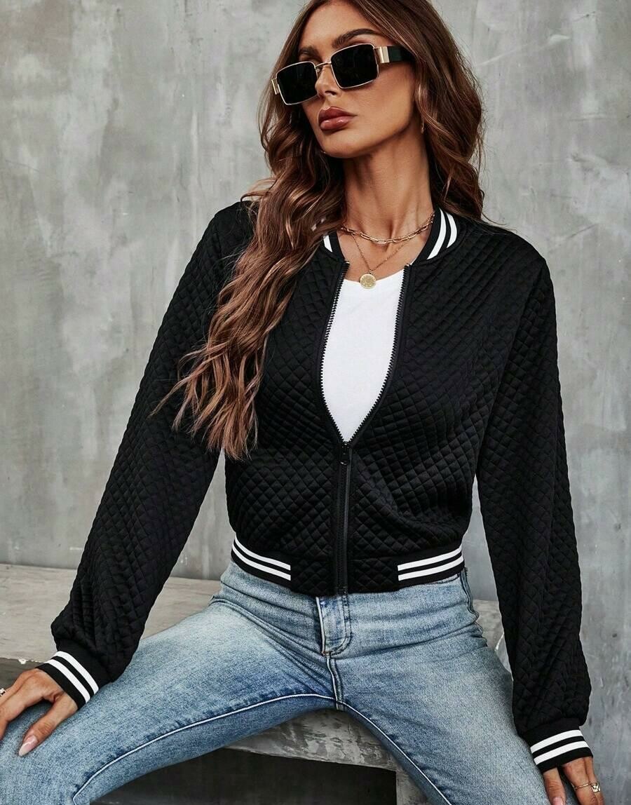 CZARNA pikowana bluza bomber ZAMEK kontrast