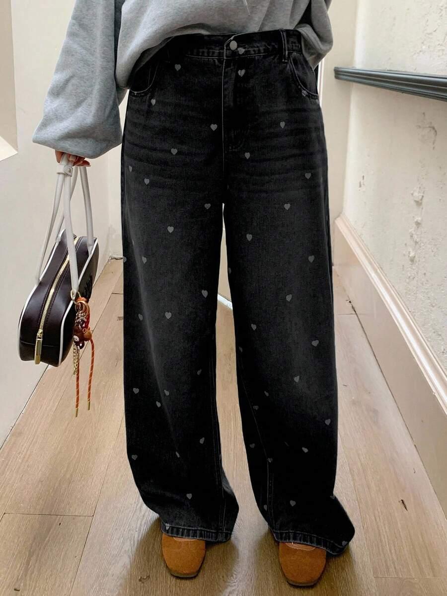 SZEROKIE SPODNIE JEANS WZÓR SERCA