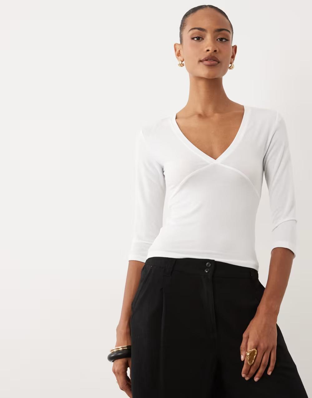 biała bluzka v-neck rękaw 3/4