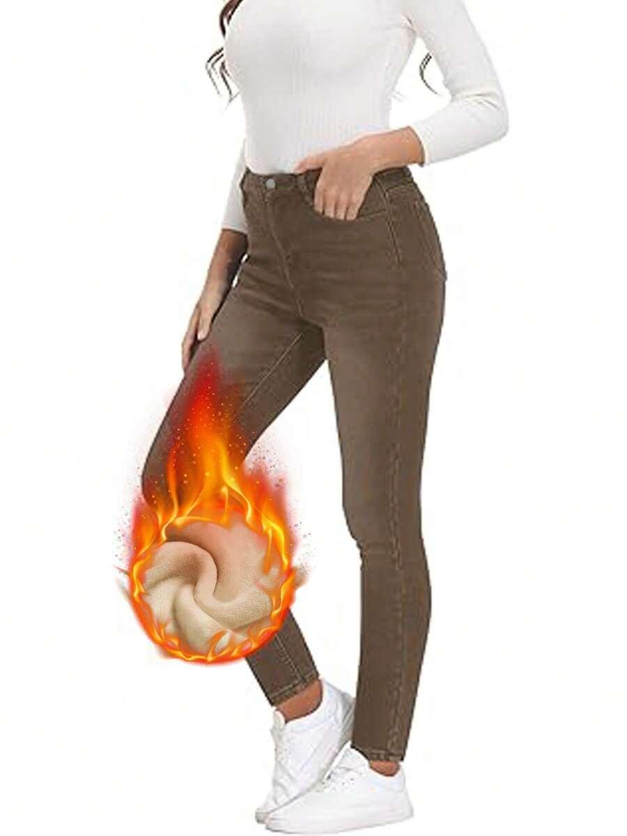 brązowe spodnie jeans ocieplane