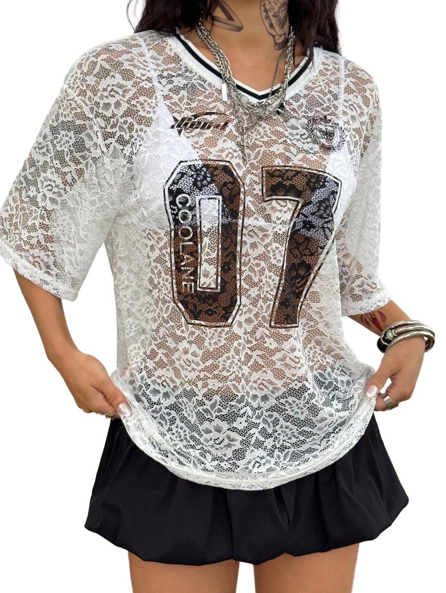 T-SHIRT DAMSKI OKRĄGŁY KORONKOWY