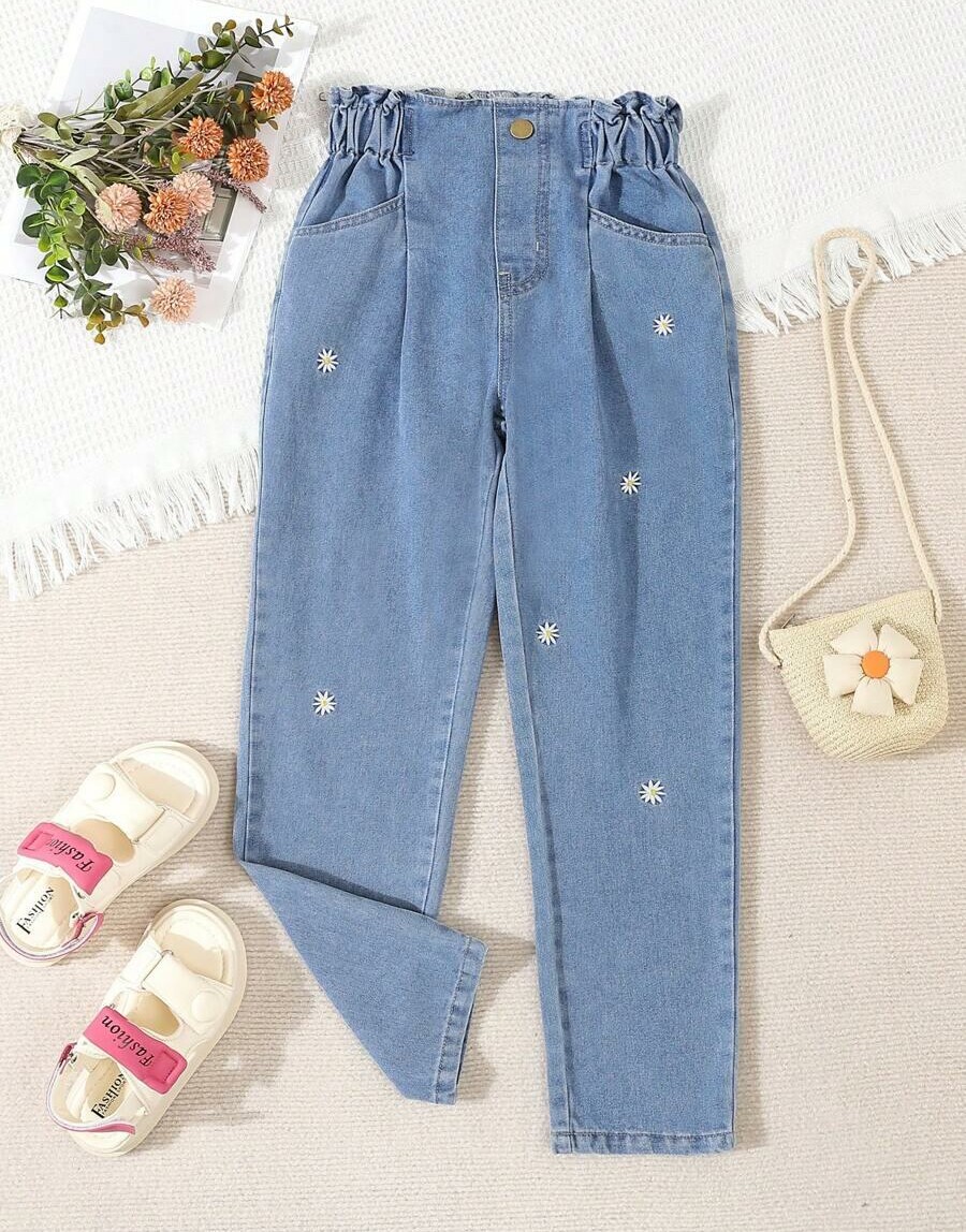 NIEBIESKIE SPODNIE JEANS paperbag haft