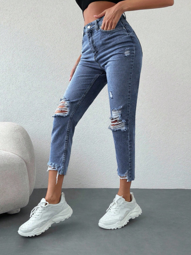 NIEBIESKIE SPODNIE MOM JEANS PRZETARCIA