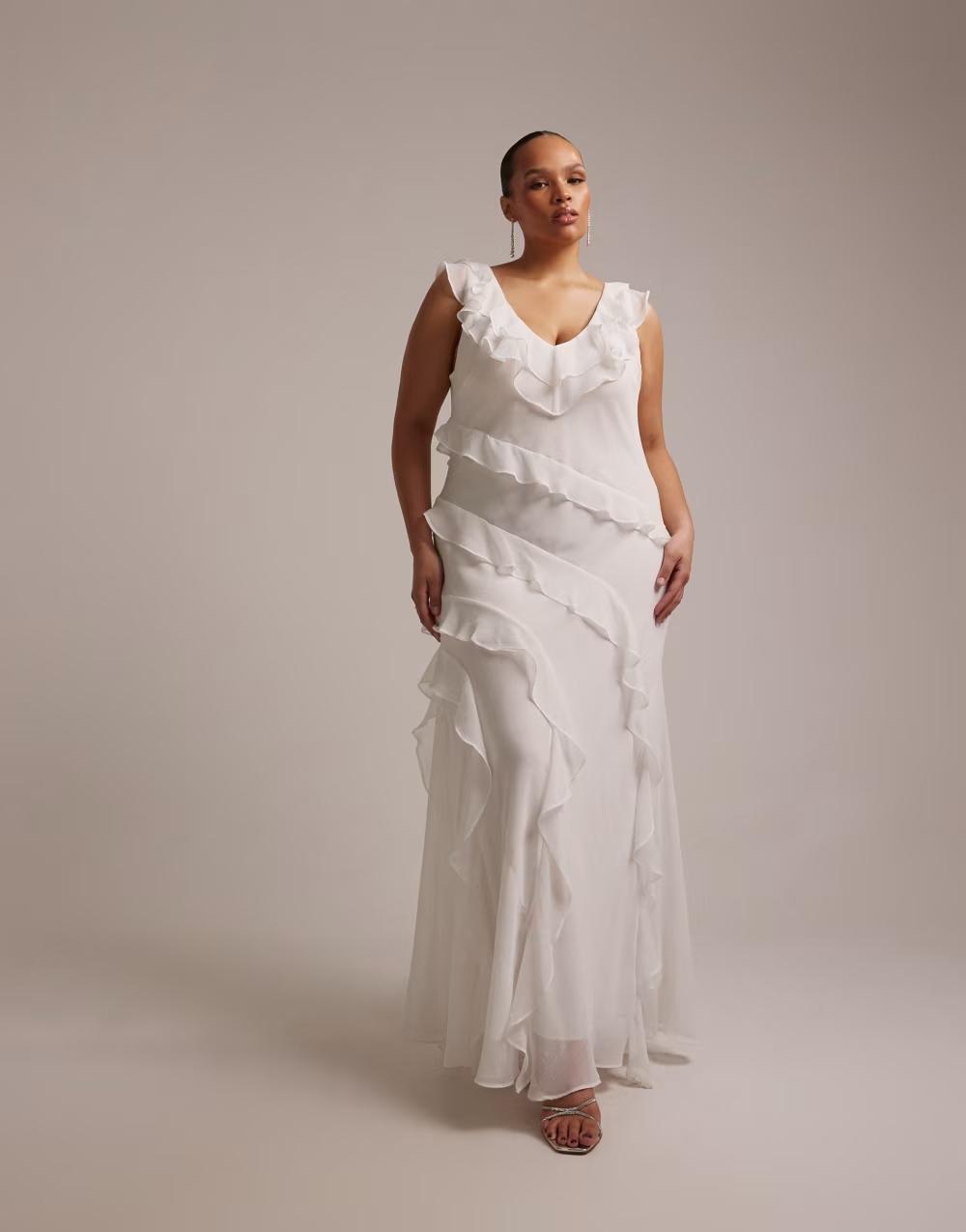 biała suknia ślubna v-neck falbana