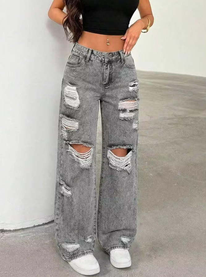 szare spodnie jeans dziury