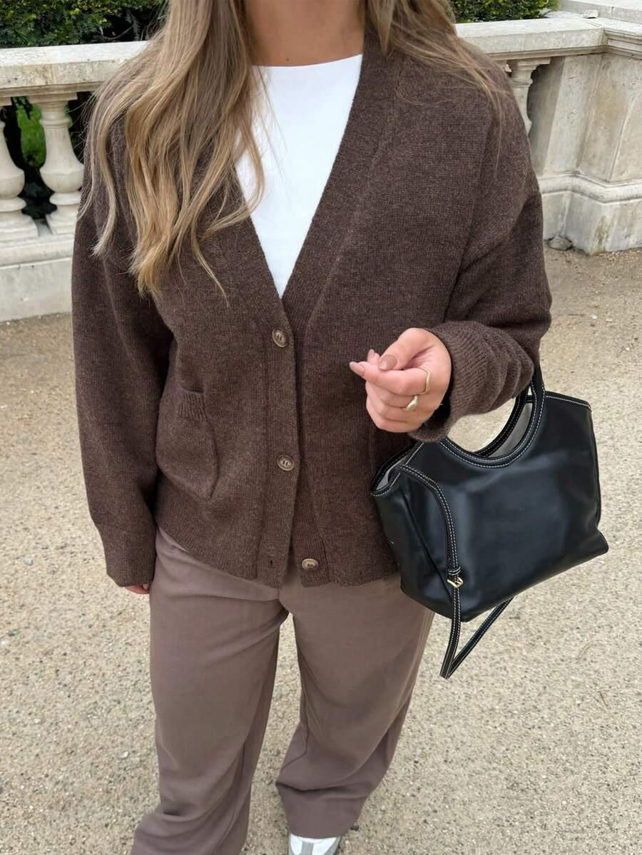 BRĄZOWY DZIANINOWY SWETER GUZIKI 
