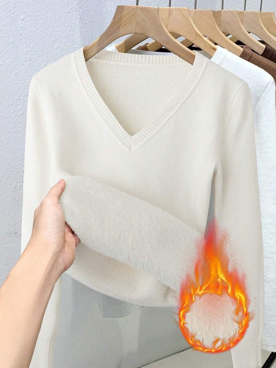 KREMOWY SWETER DŁUGI RĘKAW v-neck