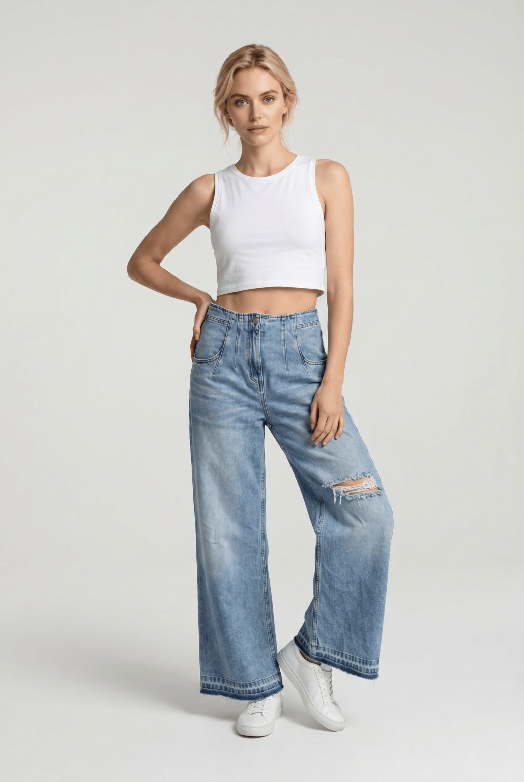 SPODNIE WYSOKI STAN JEANS OZDOBNE SZWY PRZETARCIA