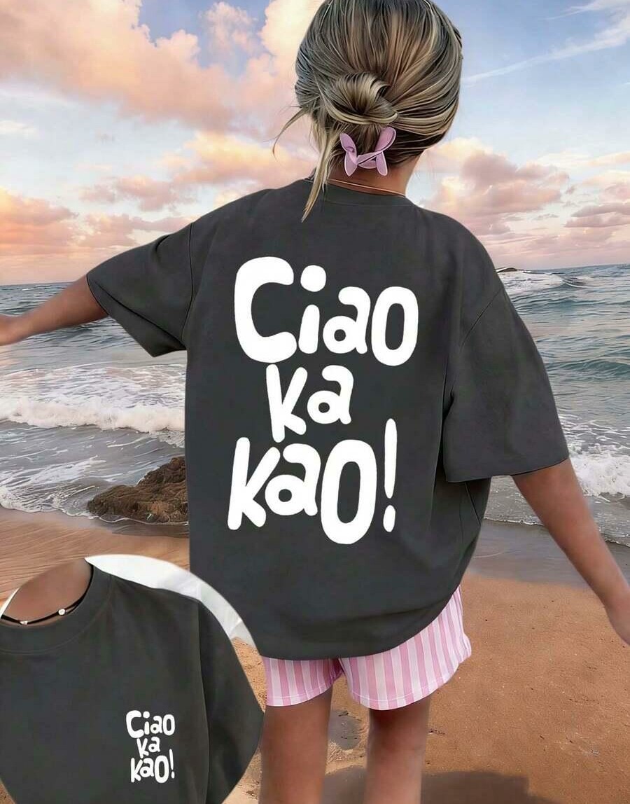 szary t-shirt napis ciao ka kao