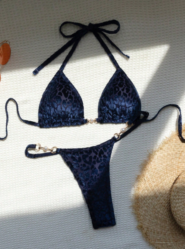 granatowy komplet bikini print 