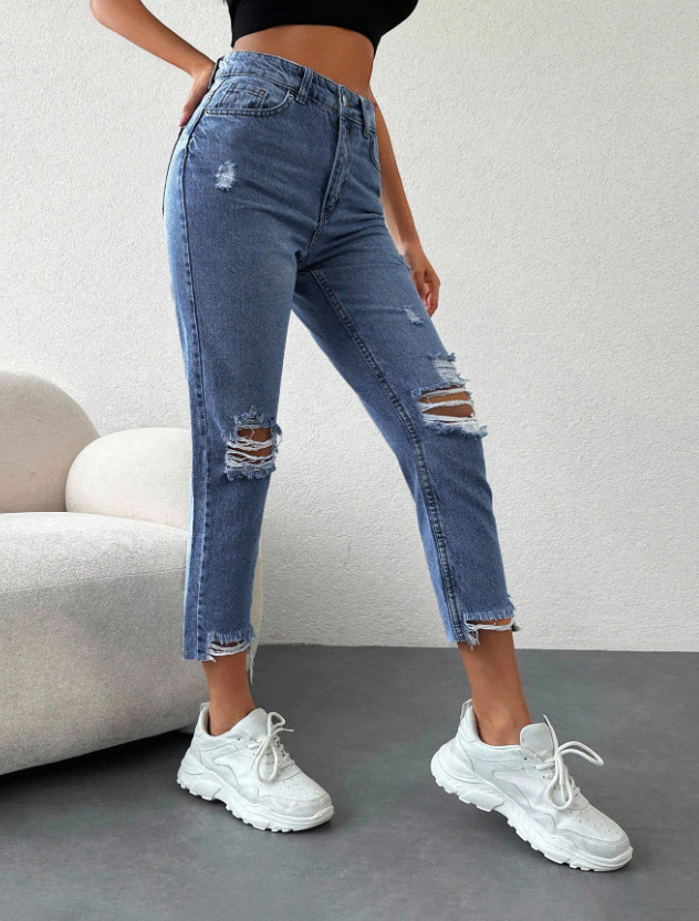 NIEBIESKIE SPODNIE MOM JEANS PRZETARCIA