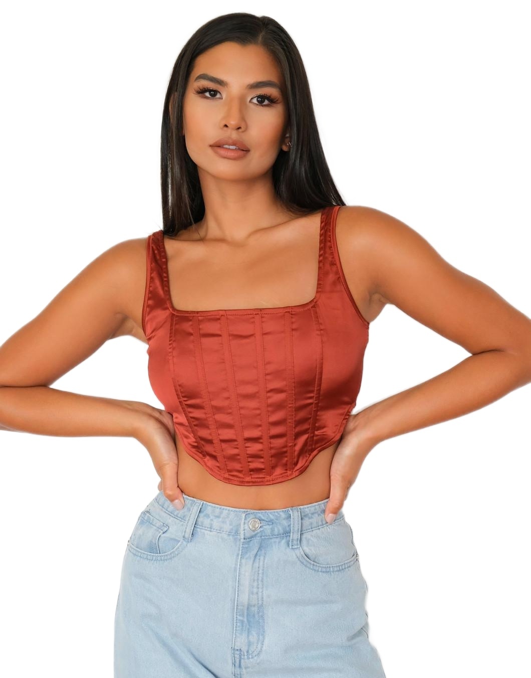 brązowy satynowy CROP TOP RAMIĄCZKA