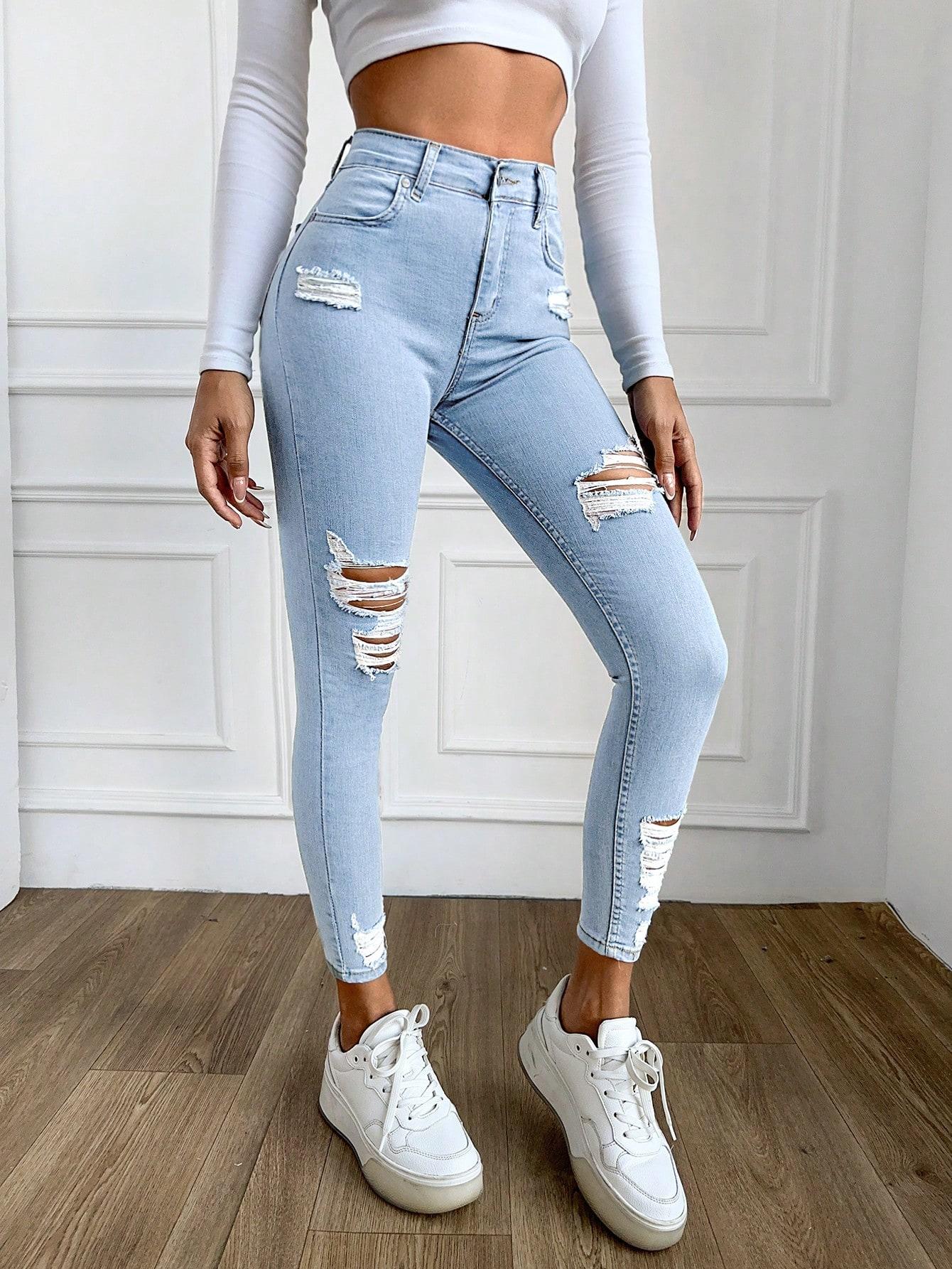 SPODNIE Z WYSOKIM STANEM JEANS PRZETARCIA KIESZENIE ZAMEK