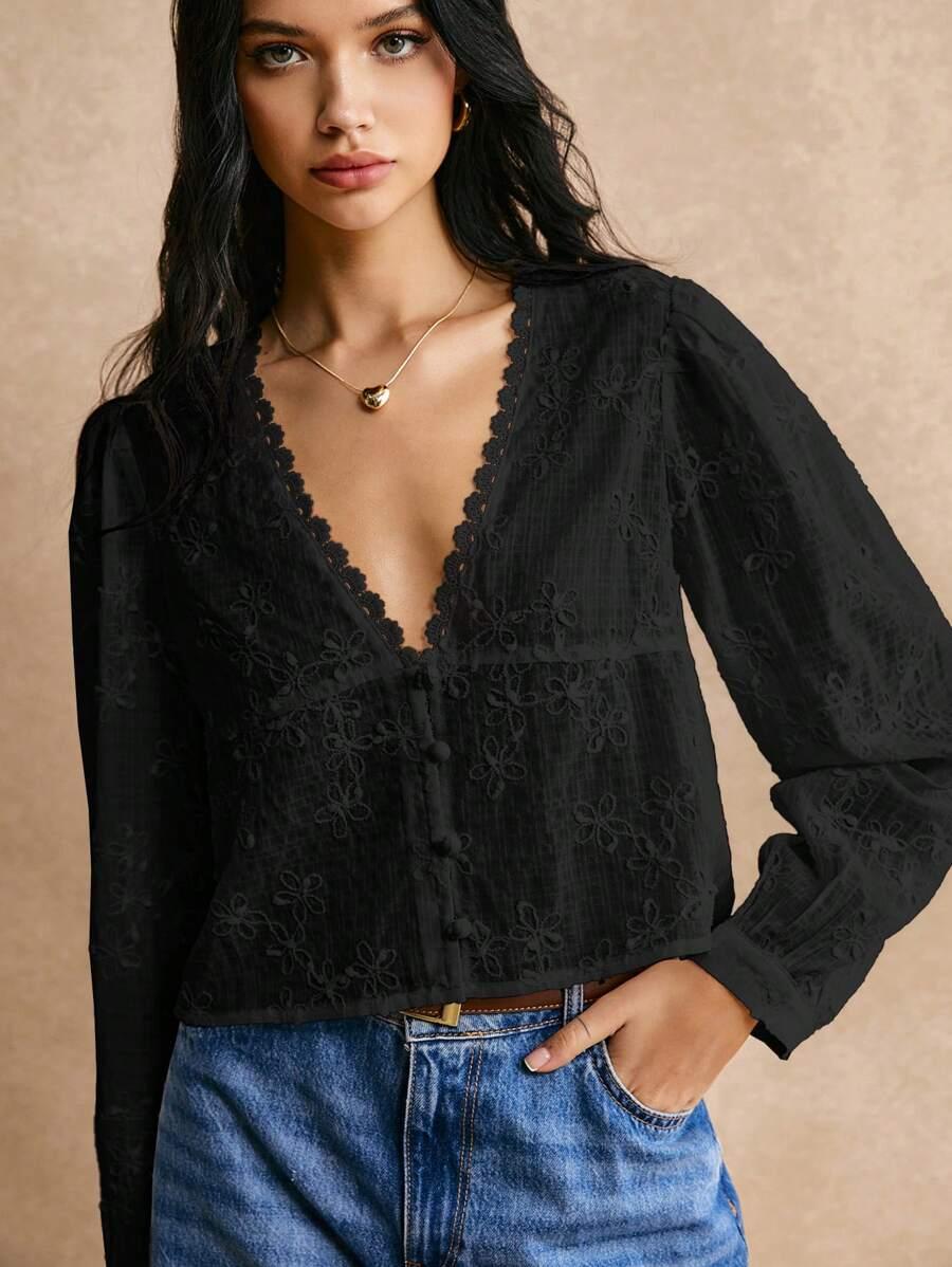 CZARNA BLUZKA V-NECK DŁUGI RĘKAW