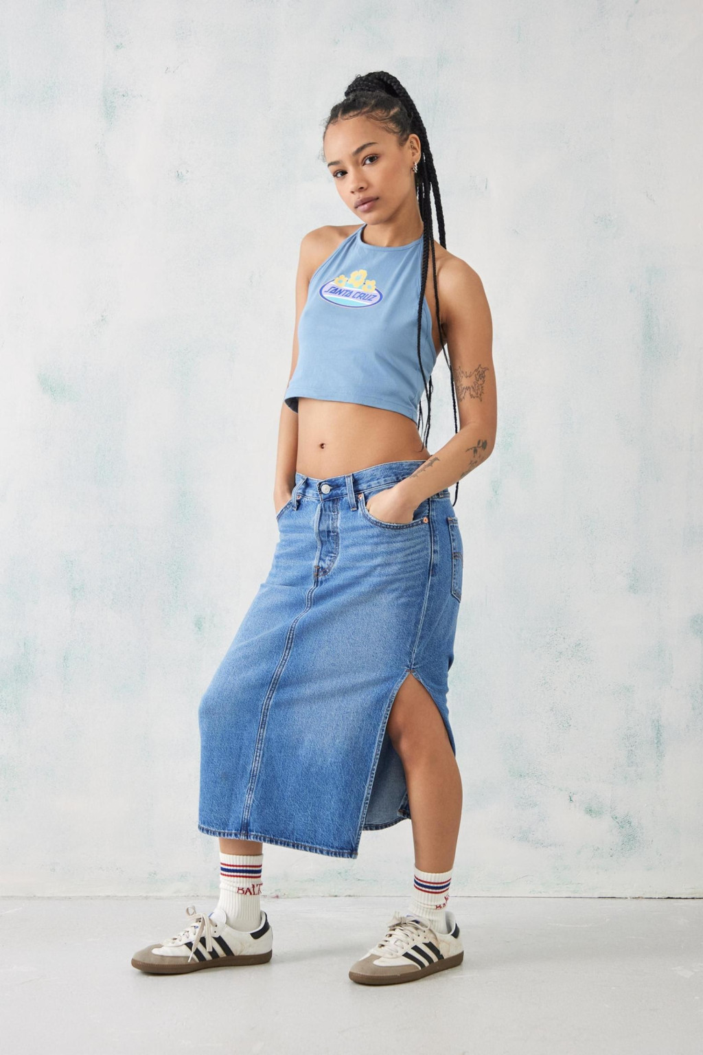 niebieski crop top print wiązanie