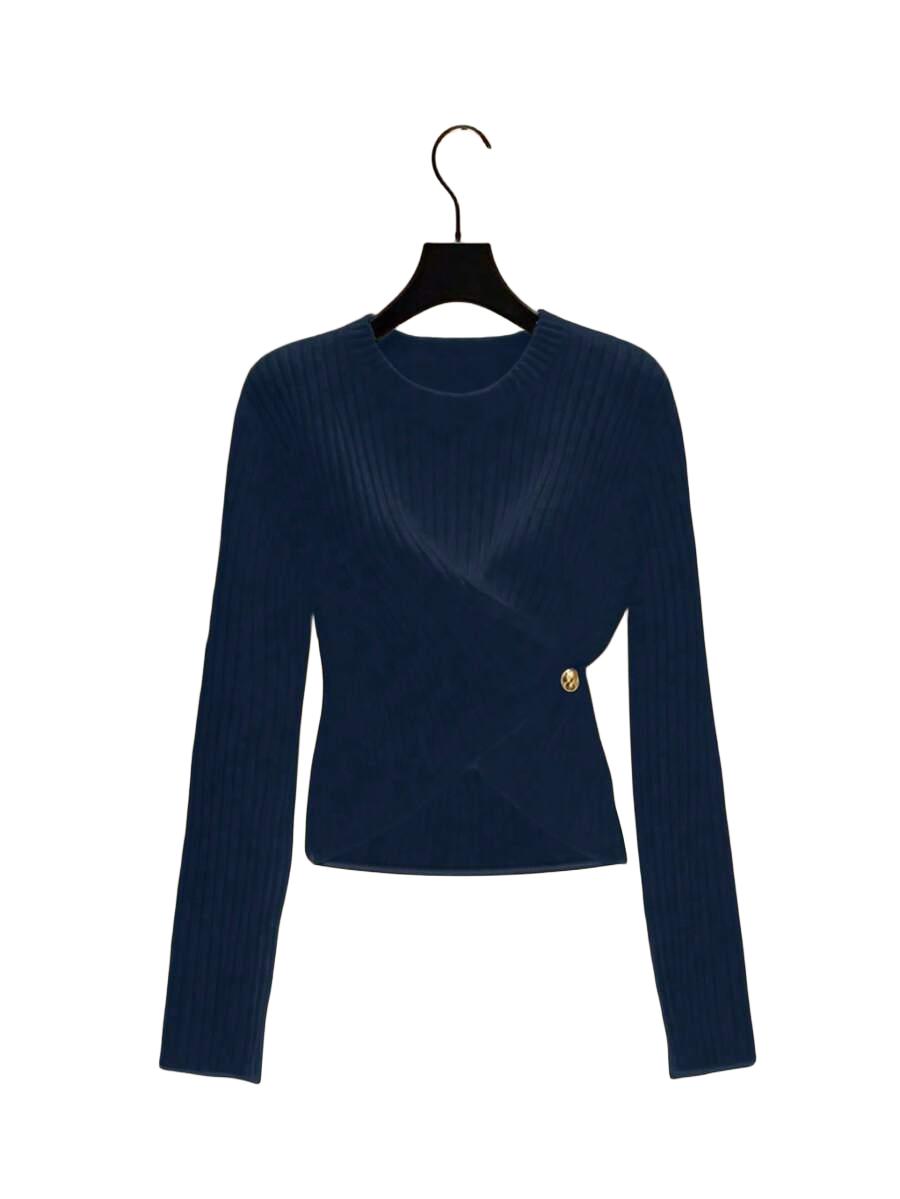 GRANATOWY SWETER DAMSKI Z OKRĄGŁYM DEKOLTEM
