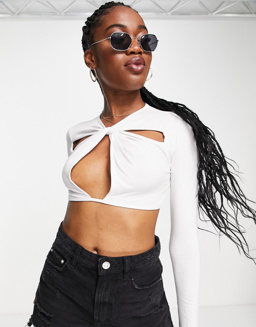 BIAŁY CROP TOP WYCIĘCIA DŁUGI RĘKAW