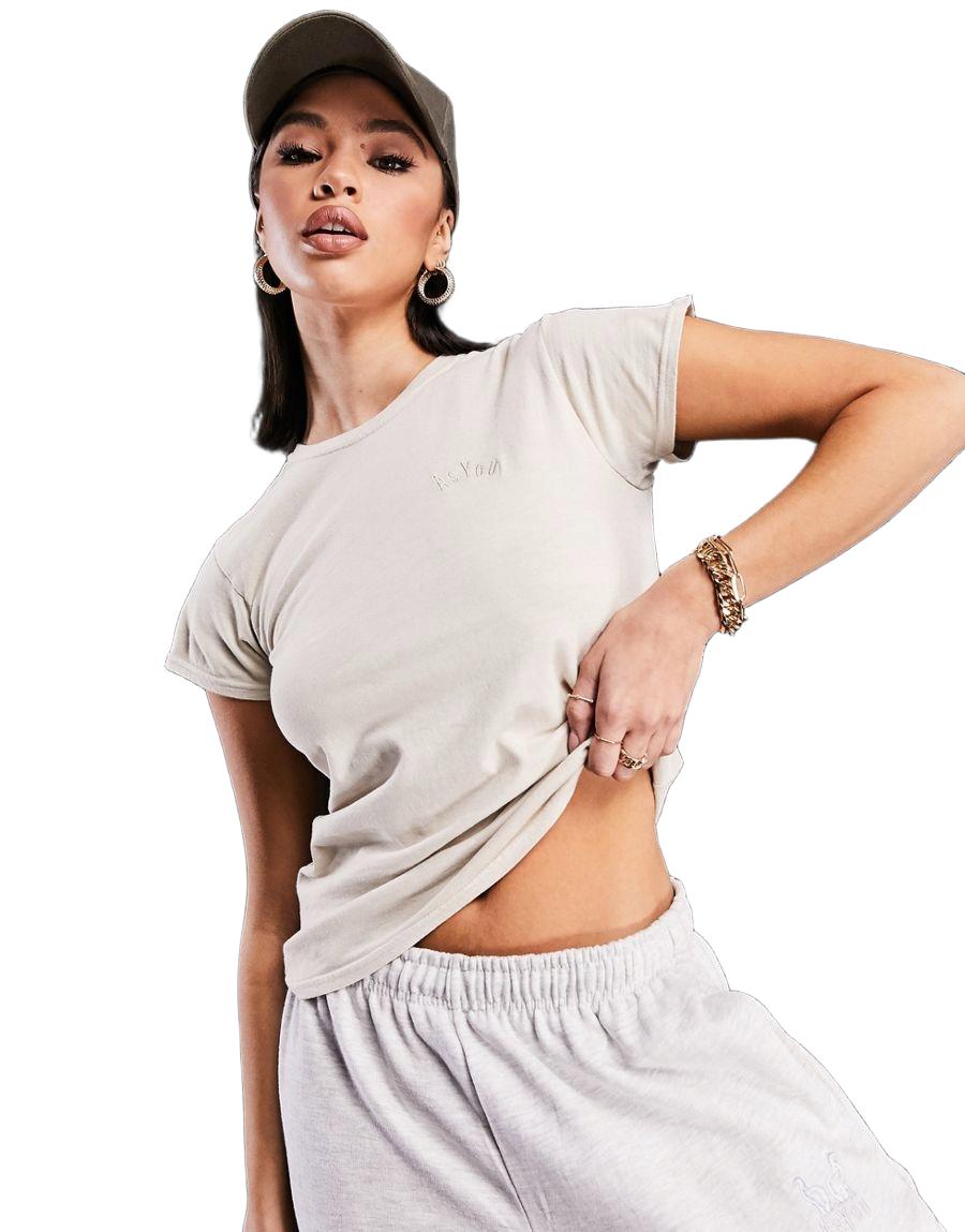 beżowy t-shirt okrągły dekolt 