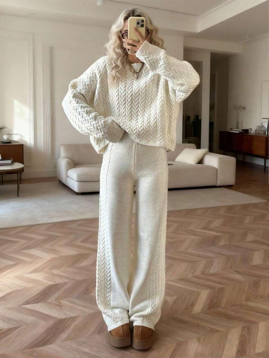 BEŻOWY SWETER SPODNIE KOMPLET 